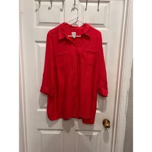 Chico's Pink Red Textured Button Down Tunic Roll Tab Sleeve Shirt Chicos 2 Large